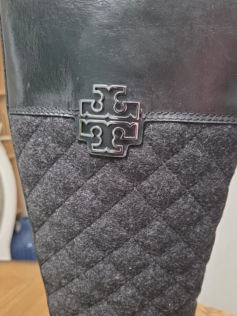 Tory Burch Melinda Quilted Leather Wool Riding Boots Black Charcoal Grey Size 7